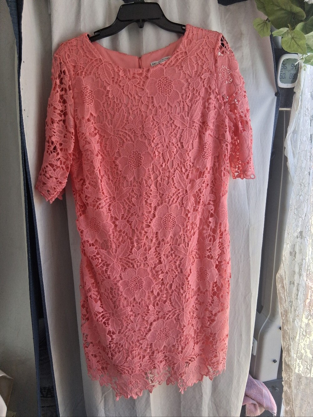 Sandra Darren Coral Pink Lace Midi Dress